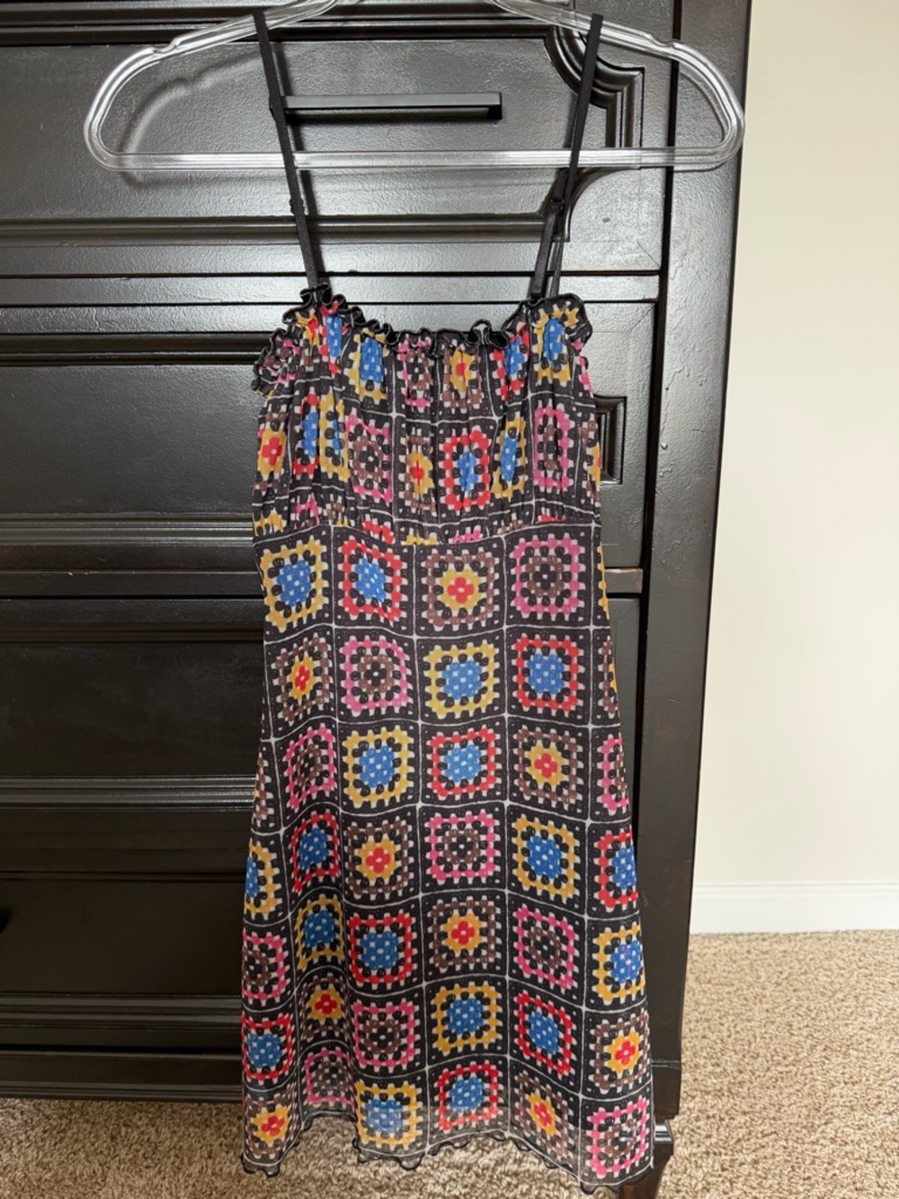 Daisy Black Midi Dress with Multicolor Floral Square Print